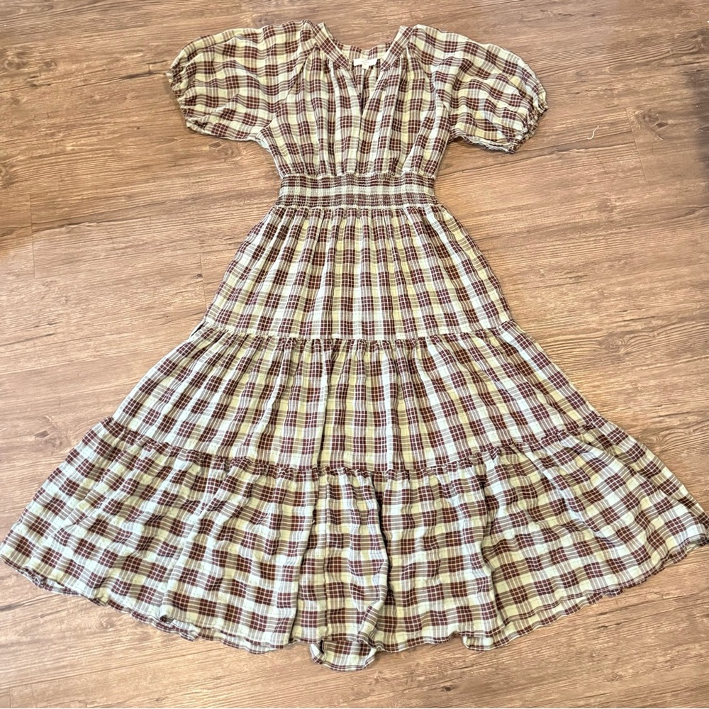 Entro Plaid Puff Sleeve Women’s Midi Dress with V-neckline Size Large - Picture 3 of 7